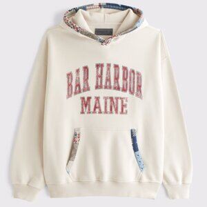 Abercrombie & Fitch Cream "Bar Harbor Maine" Pullover Hoodie with Patchwork Trim